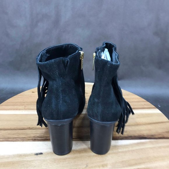 Kenneth Cole Reaction Black Suede Fringe Zip Up Block Heel Peep Toe Booties 8.5 - Picture 4 of 7